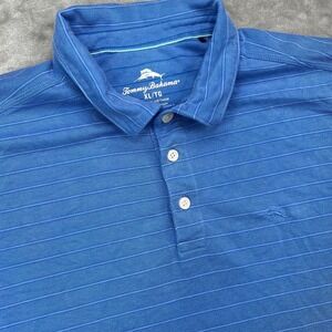 Tommy Bahama Rococo Polo Shirt Mens XL‎ Blue Striped Performance Golf Stretch